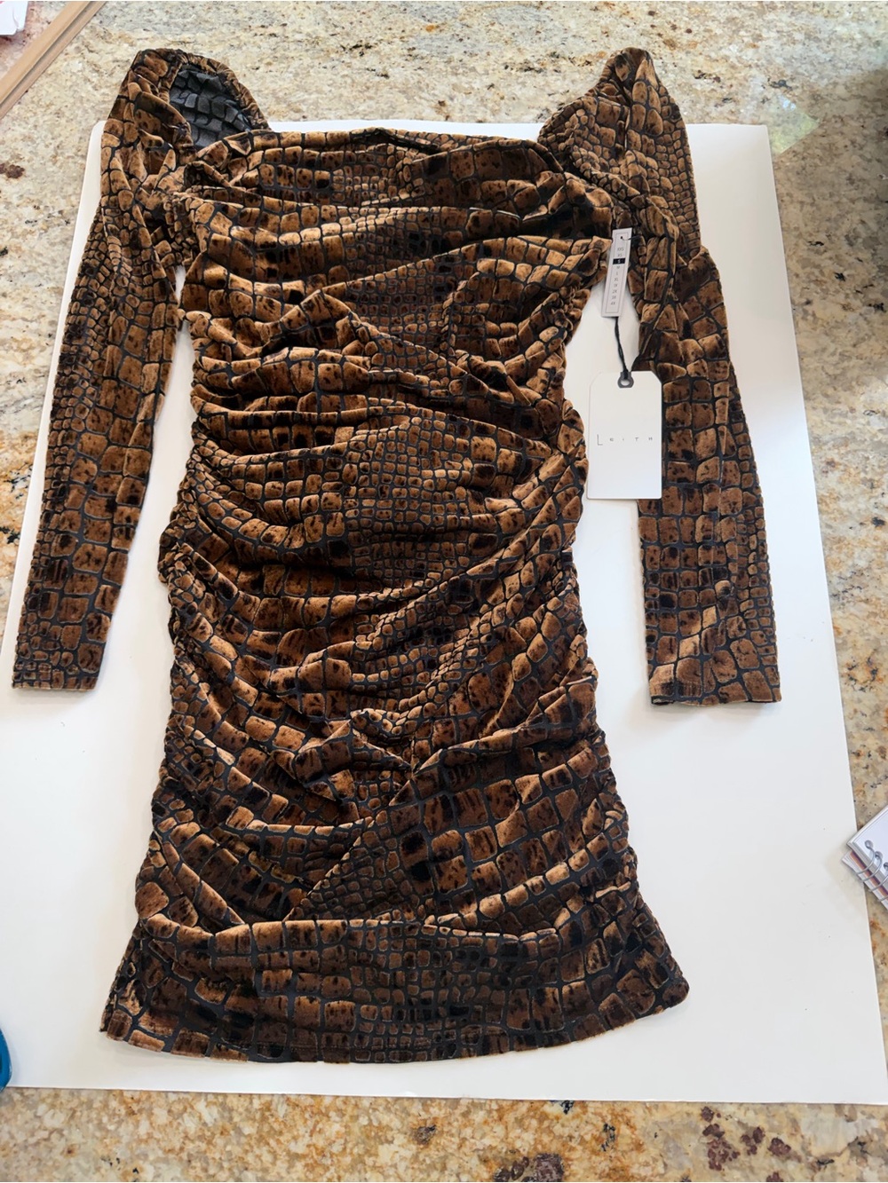 NWT Leith Brown Reptile Burnout Ruched Off Shoulder Mini Dress S